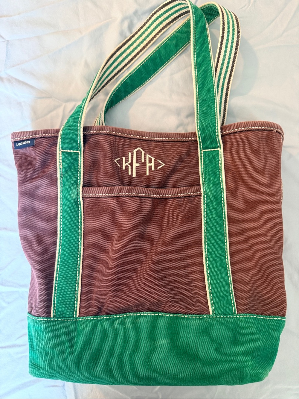 Vintage KFA / KAF Lands' End Blue/Green Canvas Tote with Monogram